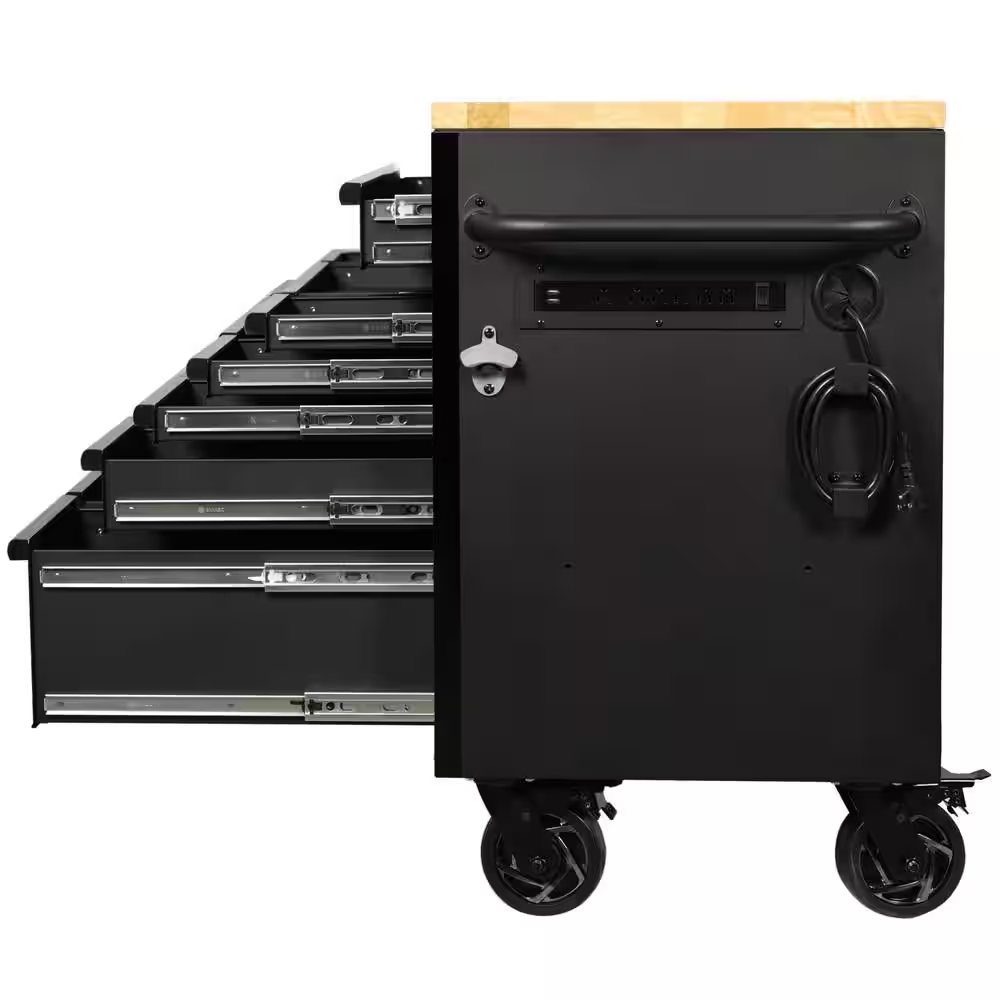 61 In. W X 23 In. D Heavy Duty 15-Drawer Mobile Workbench Tool Chest with Solid Wood Top in Matte Black - Image 6
