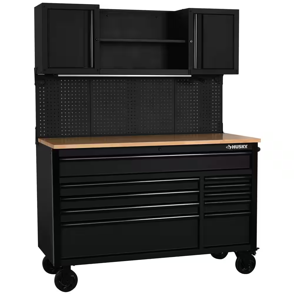 56 In. W X 27.6 In. D 10-Drawer Matte Black Heavy-Duty Mobile Workbench with Pegboard and Top Cabinets - Image 8