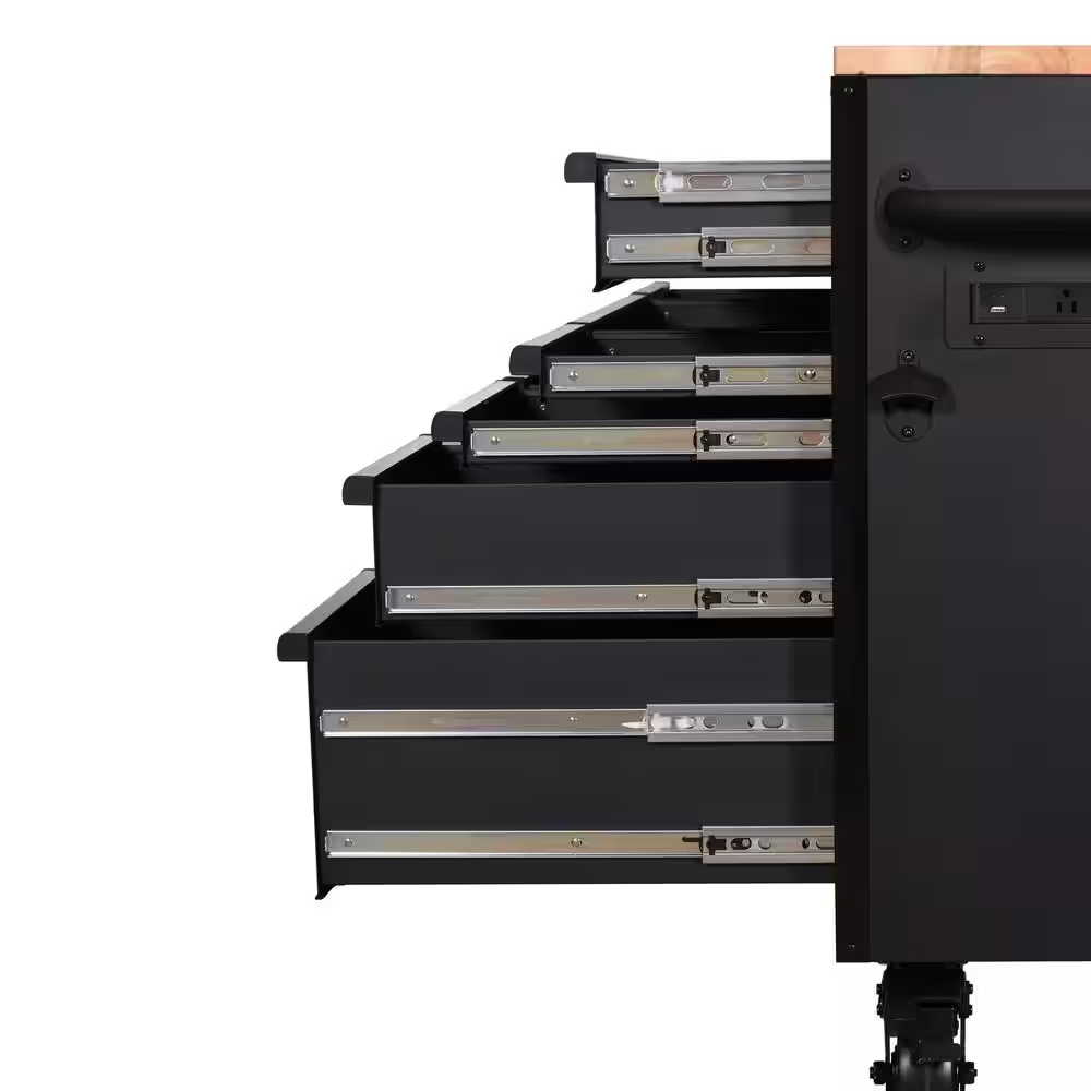 Heavy-Duty 61 In. W X 23 In. D 15-Drawer Matte Black Mobile Workbench Cabinet with Solid Wood Top - Image 13