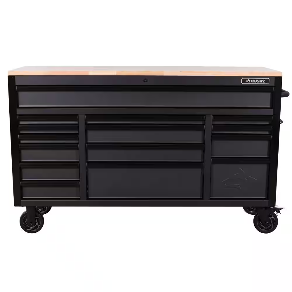 Heavy-Duty 61 In. W X 23 In. D 15-Drawer Matte Black Mobile Workbench Cabinet with Solid Wood Top - Image 3