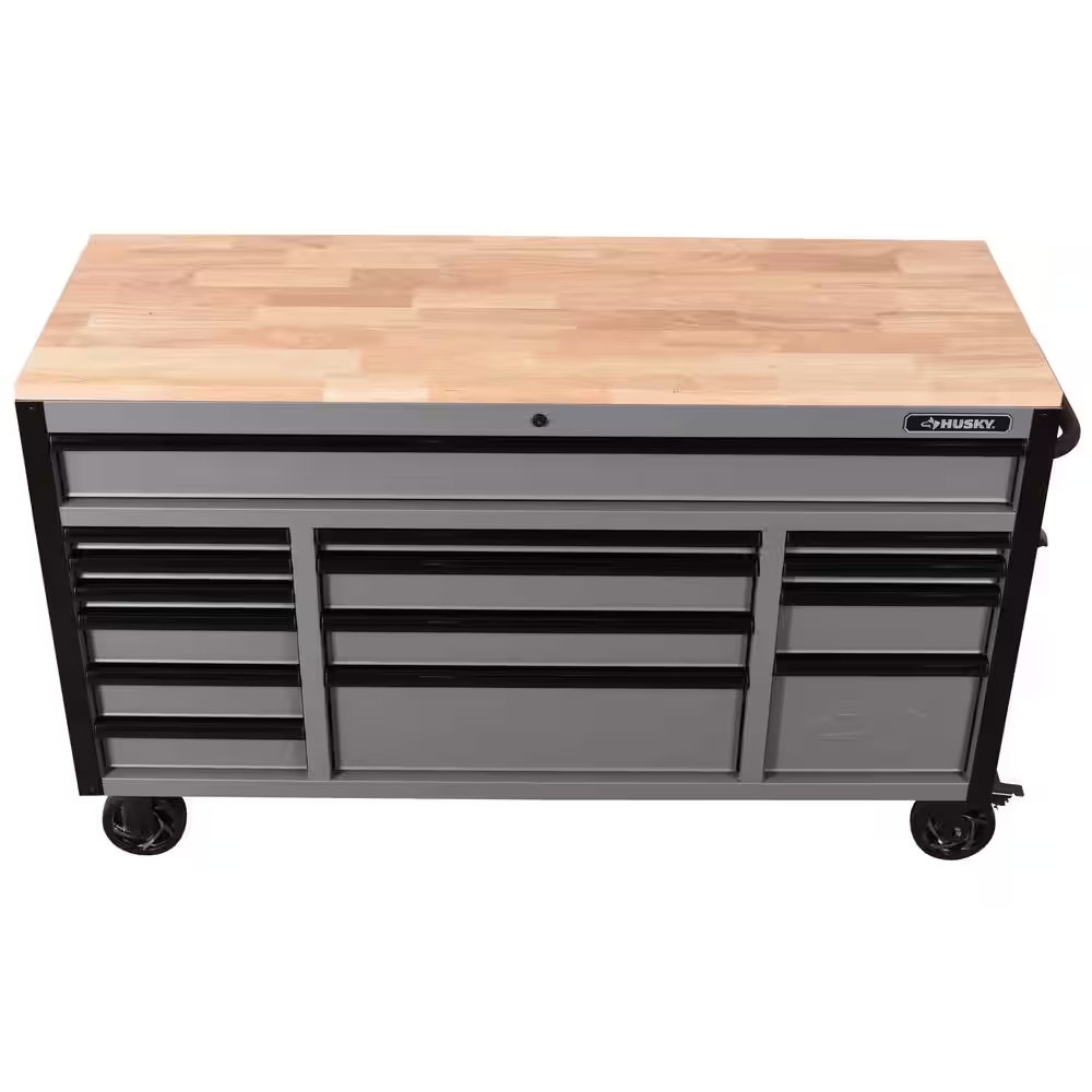 Heavy Duty 61 In. W X 23 In. D 15-Drawer Matte Gray Mobile Workbench Cabinet with Solid Wood Top - Image 4