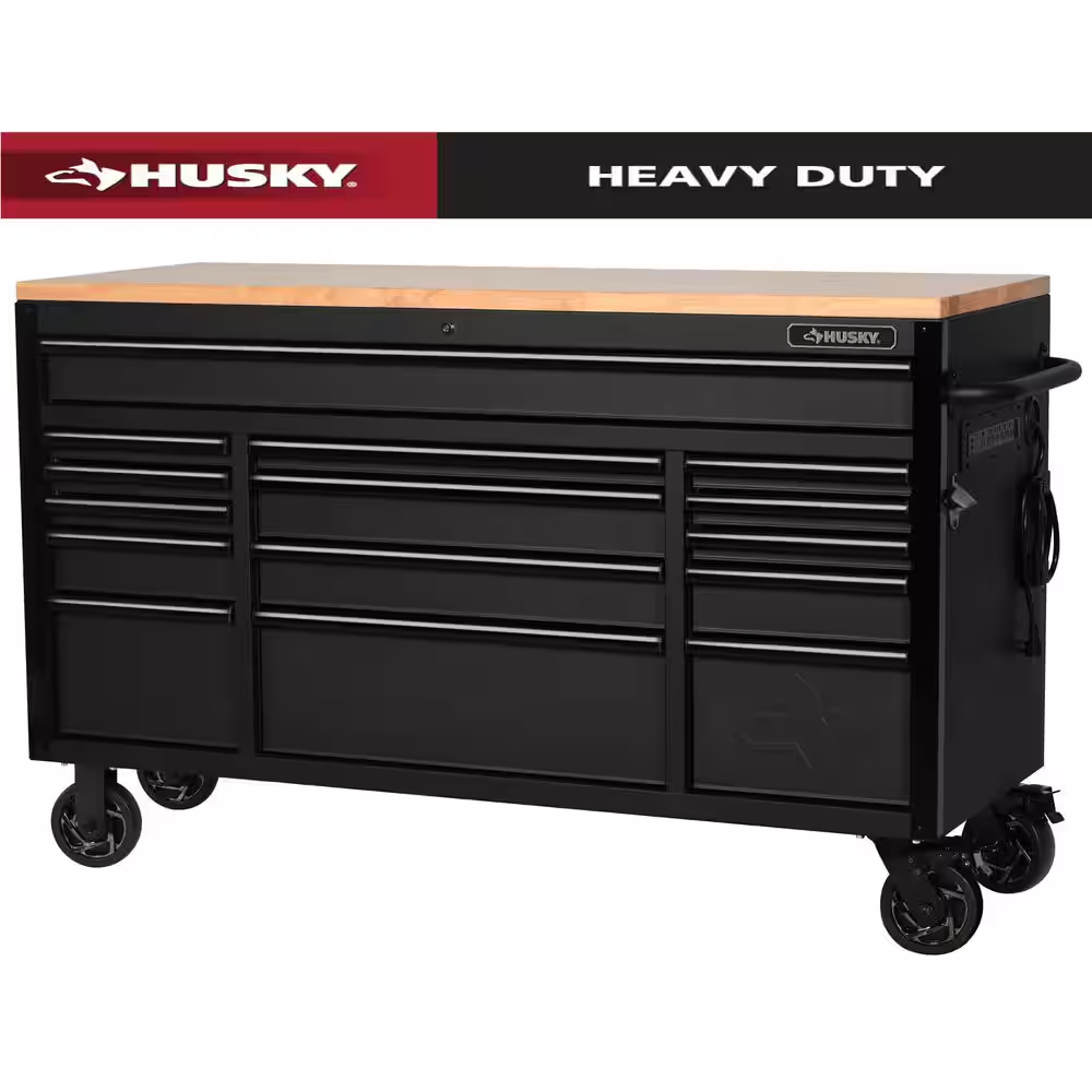 61 In. W X 23 In. D Heavy Duty 15-Drawer Mobile Workbench Tool Chest with Solid Wood Top in Matte Black