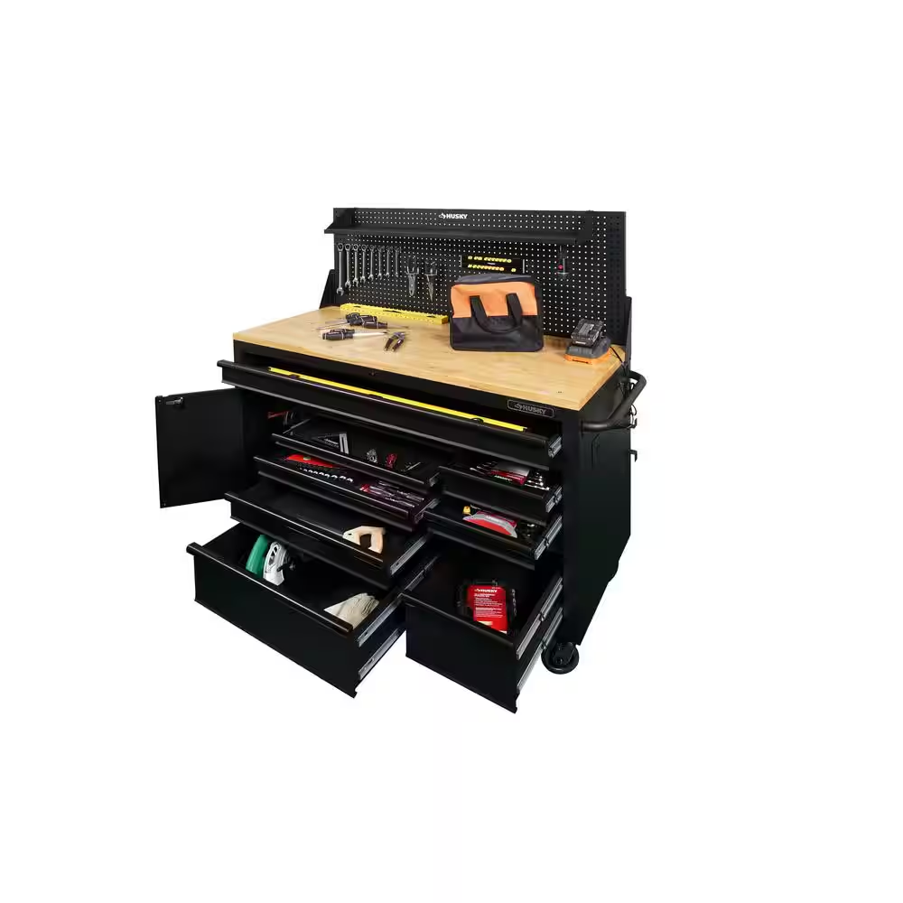 61 In. W X 26 In. D Heavy Duty 10-Drawer 1-Door Mobile Workbench with Hardwood Top, Pegboard and Shelf in Matte Black - Image 4