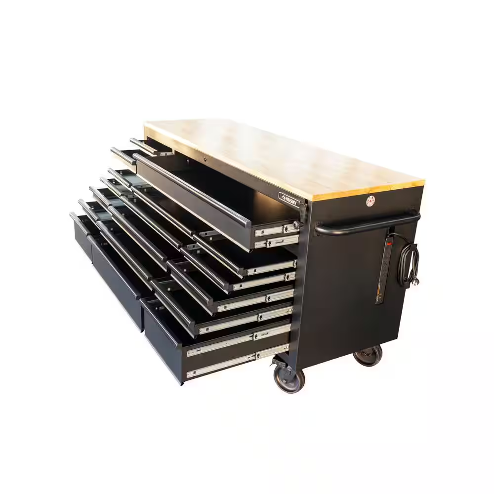 72 In. W X 24 In. D Heavy Duty 18-Drawer Mobile Workbench Cabinet with Adjustable-Height Hardwood Top in Matte Black - Image 14