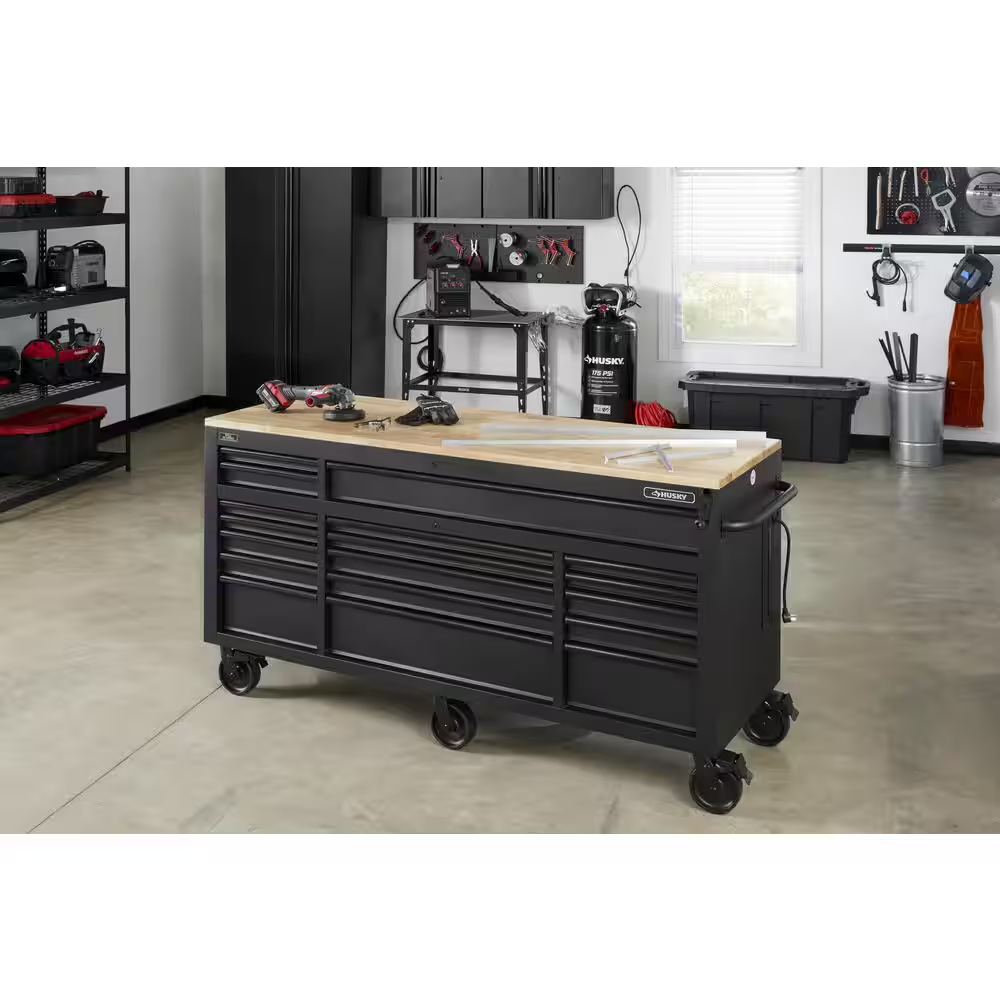 72 In. W X 24 In. D Heavy Duty 18-Drawer Mobile Workbench Cabinet with Adjustable-Height Hardwood Top in Matte Black - Image 6