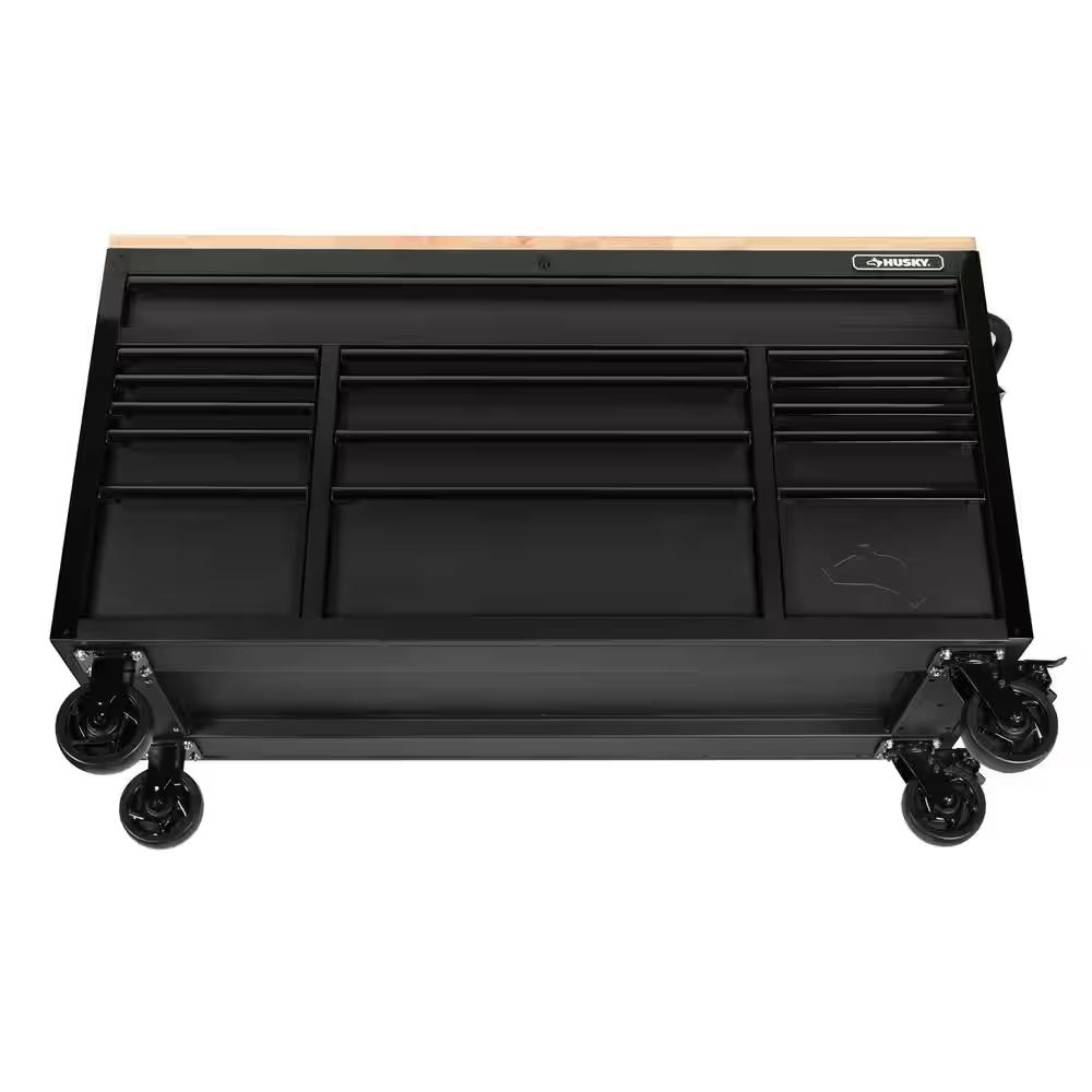 61 In. W X 23 In. D Heavy Duty 15-Drawer Mobile Workbench Tool Chest with Solid Wood Top in Matte Black - Image 15