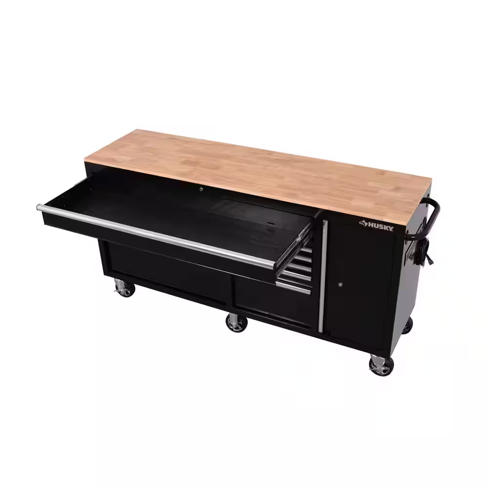 Standard Duty 72 In. W X 20 In. D 10-Drawer Gloss Black Mobile Workbench Cabinet with Solid Wood Top - Image 7