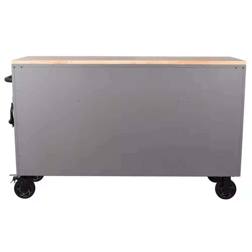 Heavy Duty 61 In. W X 23 In. D 15-Drawer Matte Gray Mobile Workbench Cabinet with Solid Wood Top - Image 6