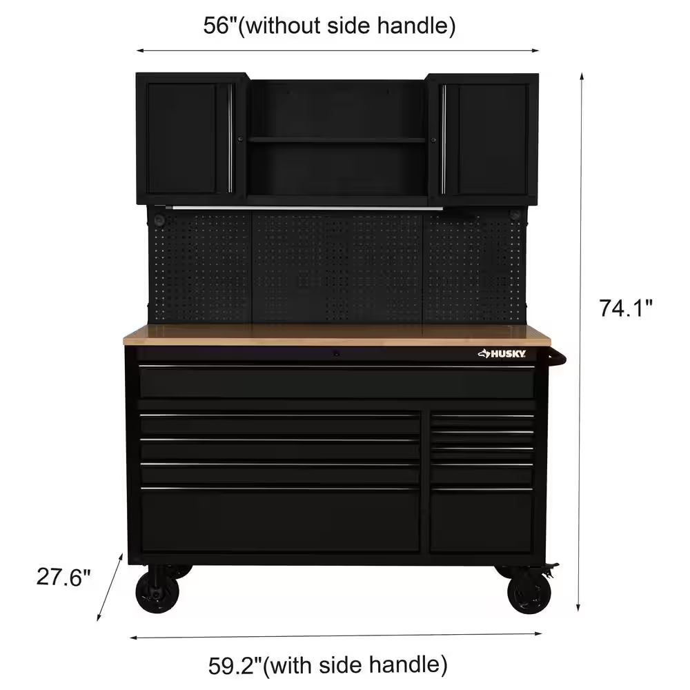 56 In. W X 27.6 In. D 10-Drawer Matte Black Heavy-Duty Mobile Workbench with Pegboard and Top Cabinets - Image 3