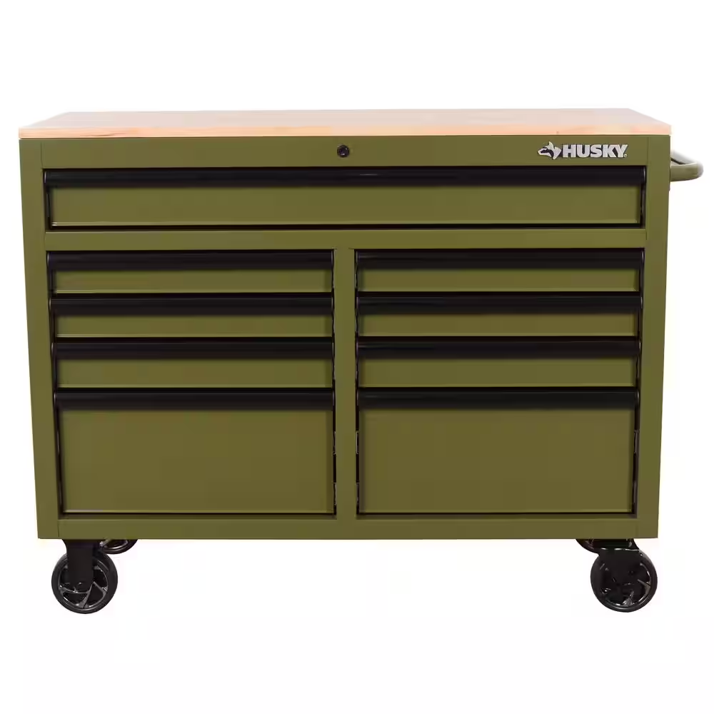 46 In. W X 18.1 In. D 9-Drawer Army Green Mobile Workbench Cabinet with Solid Wood Top - Image 3