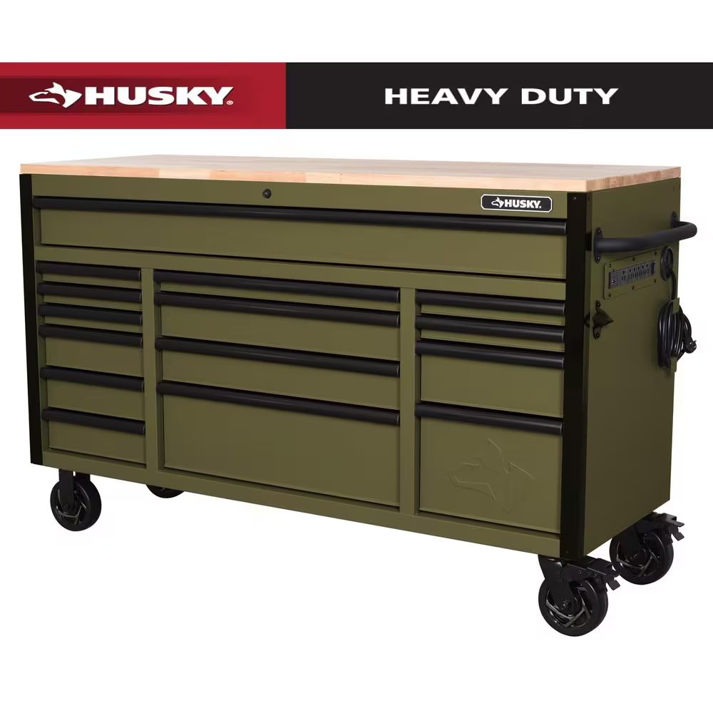 Heavy Duty 61 In. W X 23 In. D 15-Drawer Matte Gray Mobile Workbench Cabinet with Solid Wood Top - Image 14
