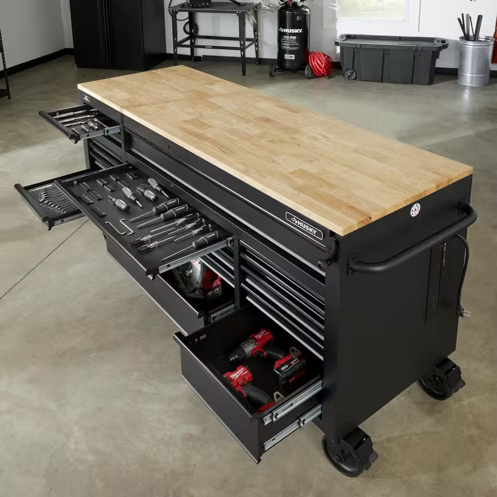 72 In. W X 24 In. D Heavy Duty 18-Drawer Mobile Workbench Cabinet with Adjustable-Height Hardwood Top in Matte Black - Image 5