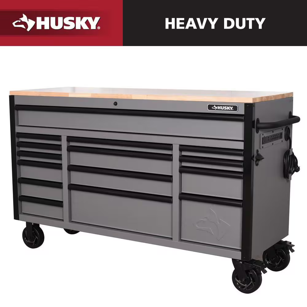 Heavy-Duty 61 In. W X 23 In. D 15-Drawer Matte Black Mobile Workbench Cabinet with Solid Wood Top - Image 15