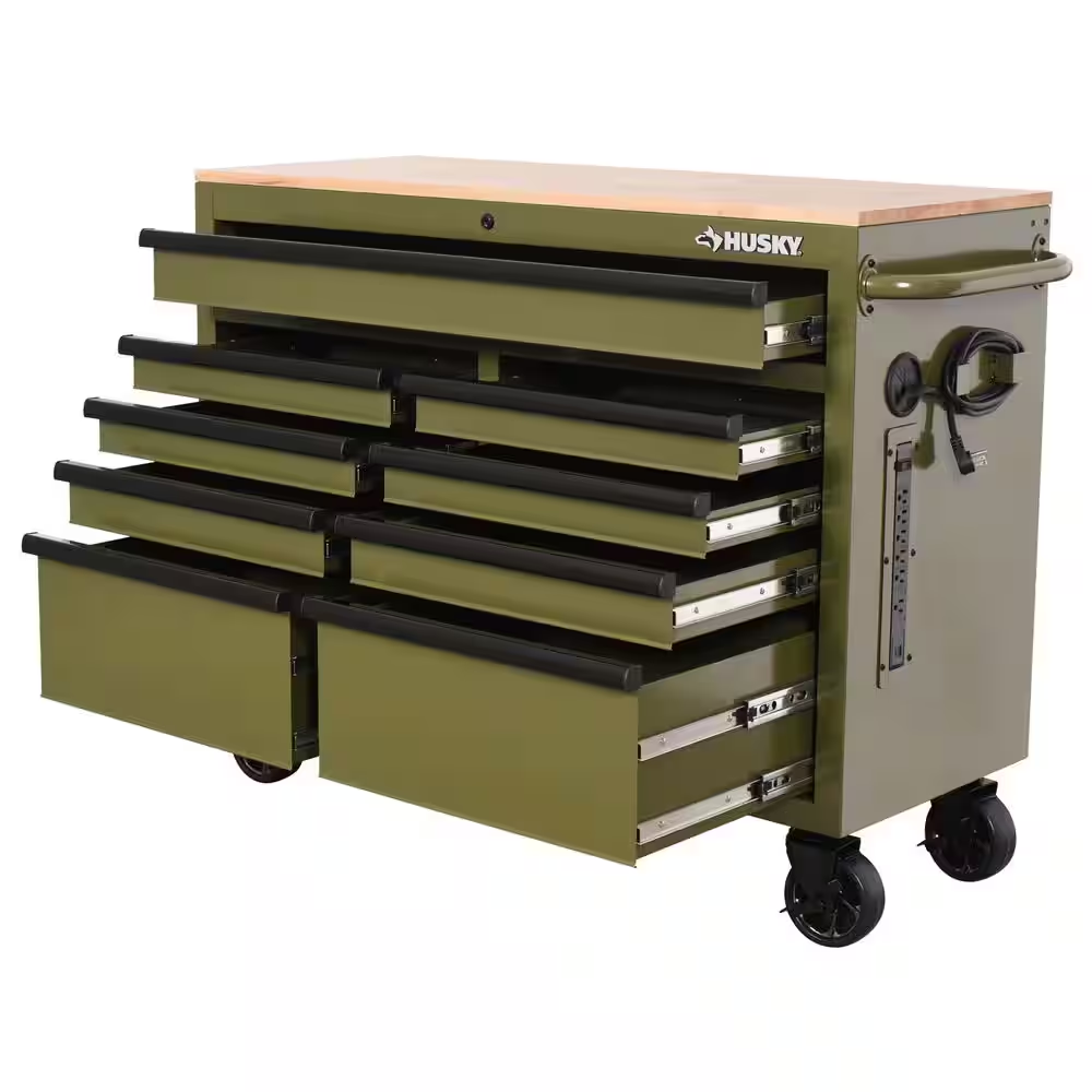 46 In. W X 18.1 In. D 9-Drawer Army Green Mobile Workbench Cabinet with Solid Wood Top - Image 11