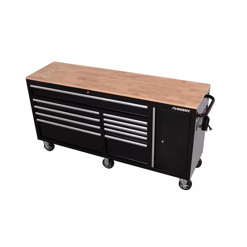 Standard Duty 72 In. W X 20 In. D 10-Drawer Gloss Black Mobile Workbench Cabinet with Solid Wood Top - Image 4