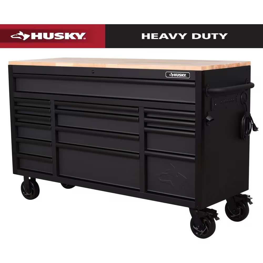 Heavy-Duty 61 In. W X 23 In. D 15-Drawer Matte Black Mobile Workbench Cabinet with Solid Wood Top