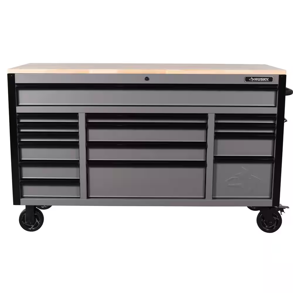 Heavy Duty 61 In. W X 23 In. D 15-Drawer Matte Gray Mobile Workbench Cabinet with Solid Wood Top - Image 3