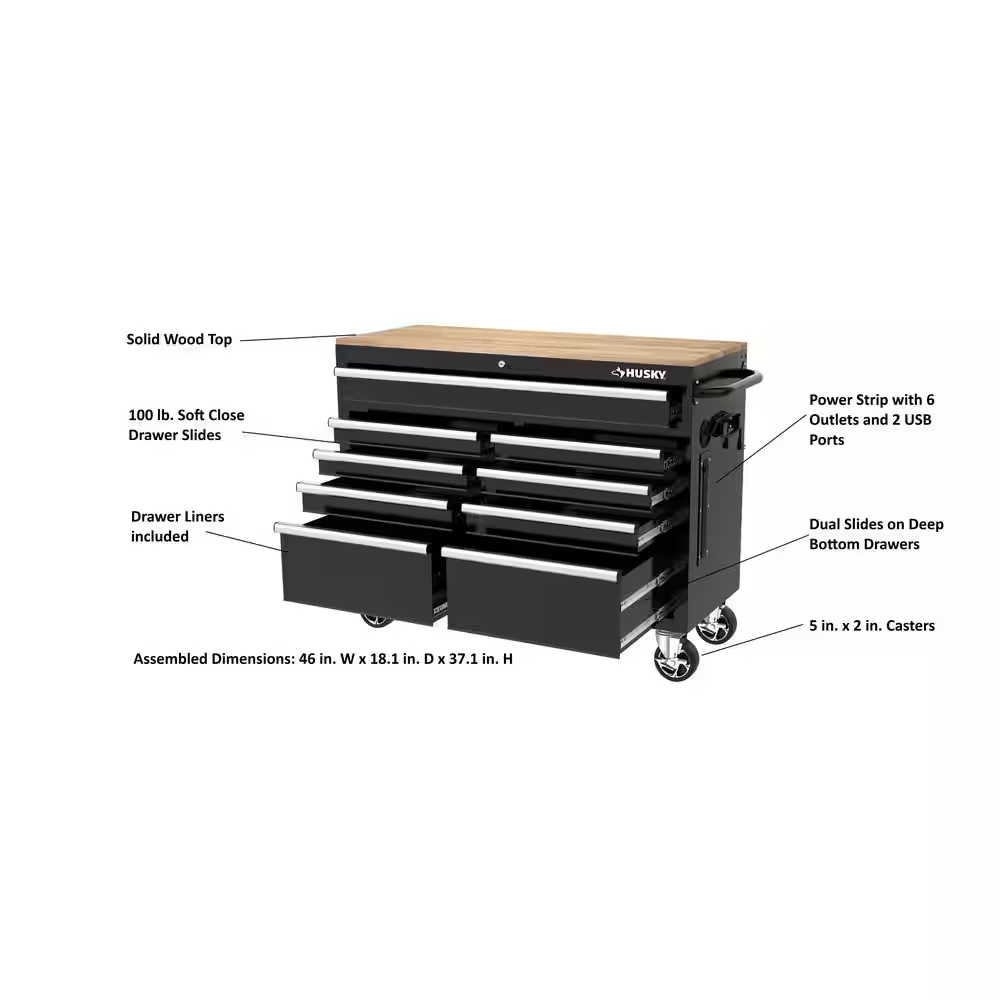 Tool Storage 46 In. W X 18 In. D 9-Drawer Mobile Workbench Cabinet in Gloss Black - Image 13