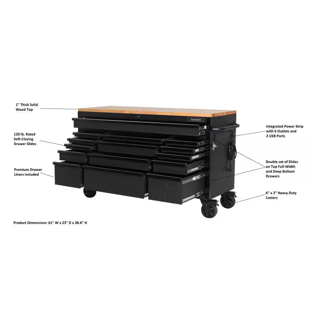61 In. W X 23 In. D Heavy Duty 15-Drawer Mobile Workbench Tool Chest with Solid Wood Top in Matte Black - Image 3