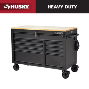 52 In. W X 25 In. D Heavy Duty 9-Drawer Mobile Workbench Cabinet with Adjustable-Height Hardwood Top in Matte Black