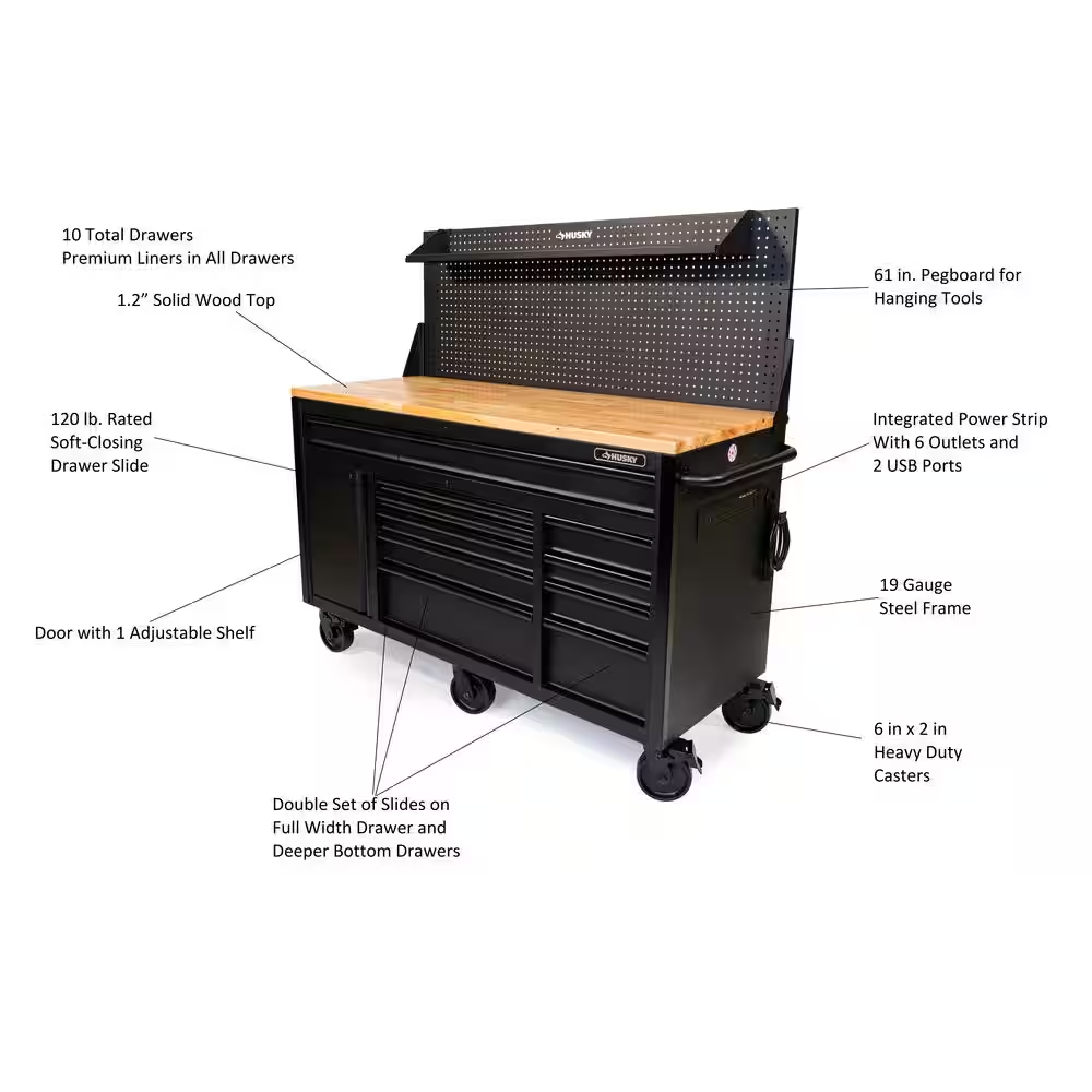 61 In. W X 26 In. D Heavy Duty 10-Drawer 1-Door Mobile Workbench with Hardwood Top, Pegboard and Shelf in Matte Black - Image 3