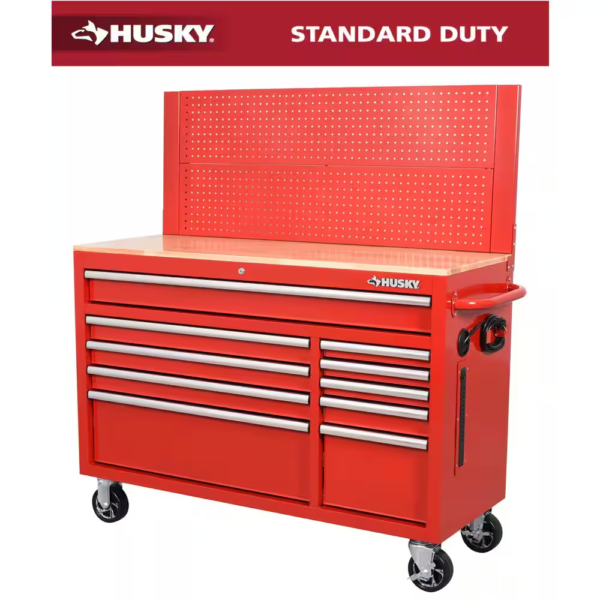 52 In. W 10-Drawer Gloss Red Mobile Workbench Cabinet with Solid Wood Top and Pegboard