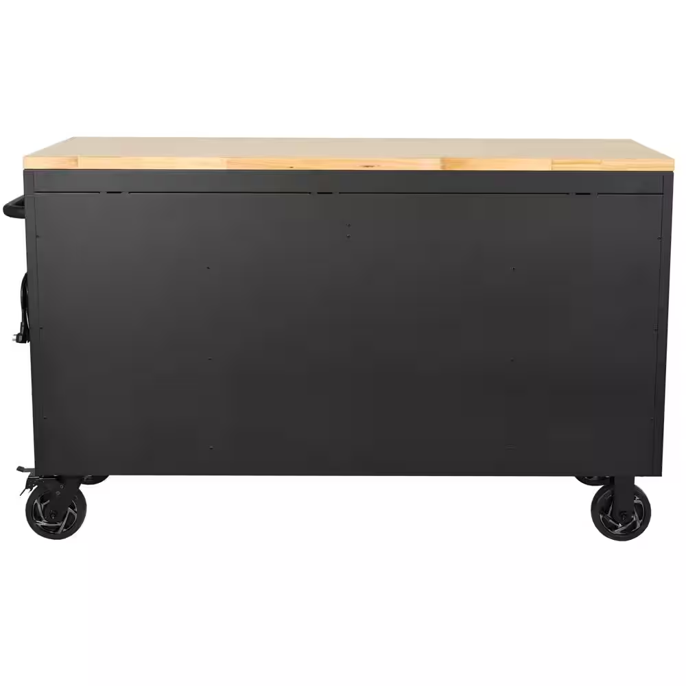 61 In. W X 23 In. D Heavy Duty 15-Drawer Mobile Workbench Tool Chest with Solid Wood Top in Matte Black - Image 9