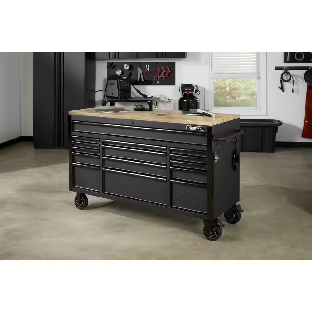 61 In. W X 23 In. D Heavy Duty 15-Drawer Mobile Workbench Tool Chest with Solid Wood Top in Matte Black - Image 4