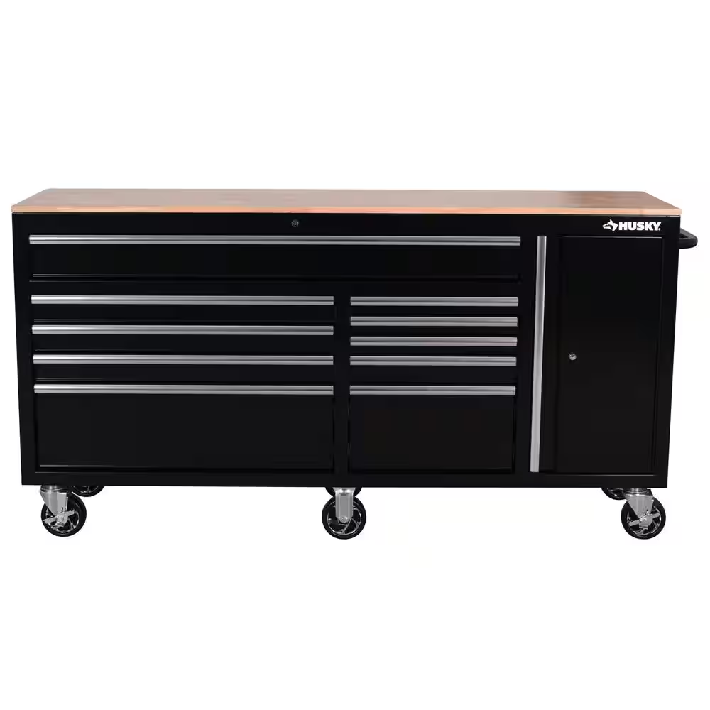 Standard Duty 72 In. W X 20 In. D 10-Drawer Gloss Black Mobile Workbench Cabinet with Solid Wood Top - Image 3