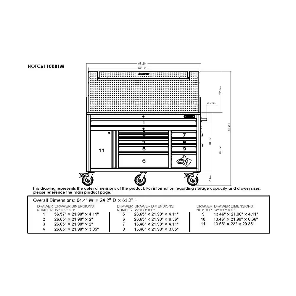 61 In. W X 26 In. D Heavy Duty 10-Drawer 1-Door Mobile Workbench with Hardwood Top, Pegboard and Shelf in Matte Black - Image 14