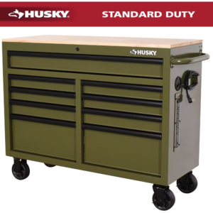 46 In. W X 18.1 In. D 9-Drawer Army Green Mobile Workbench Cabinet with Solid Wood Top