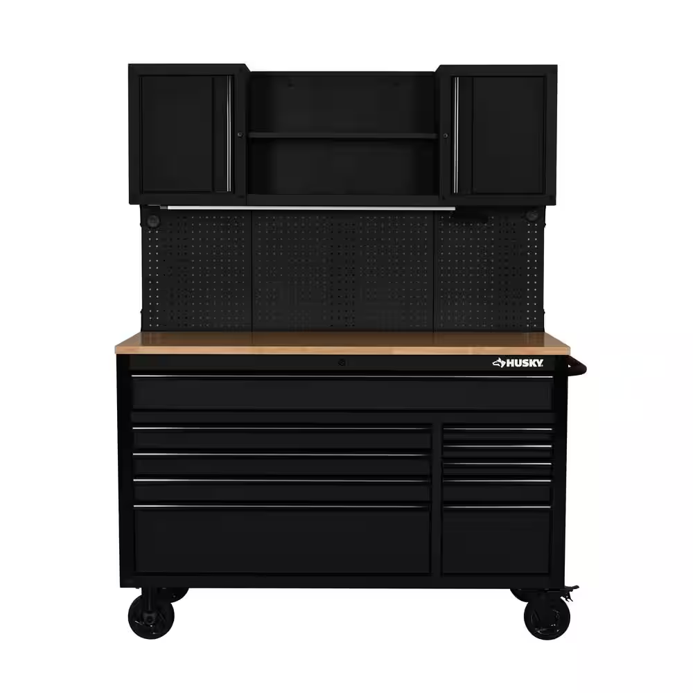 56 In. W X 27.6 In. D 10-Drawer Matte Black Heavy-Duty Mobile Workbench with Pegboard and Top Cabinets - Image 9