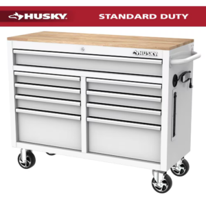 Tool Storage 46 In. W X 18 In. D 9-Drawer Gloss White Mobile Workbench Cabinet