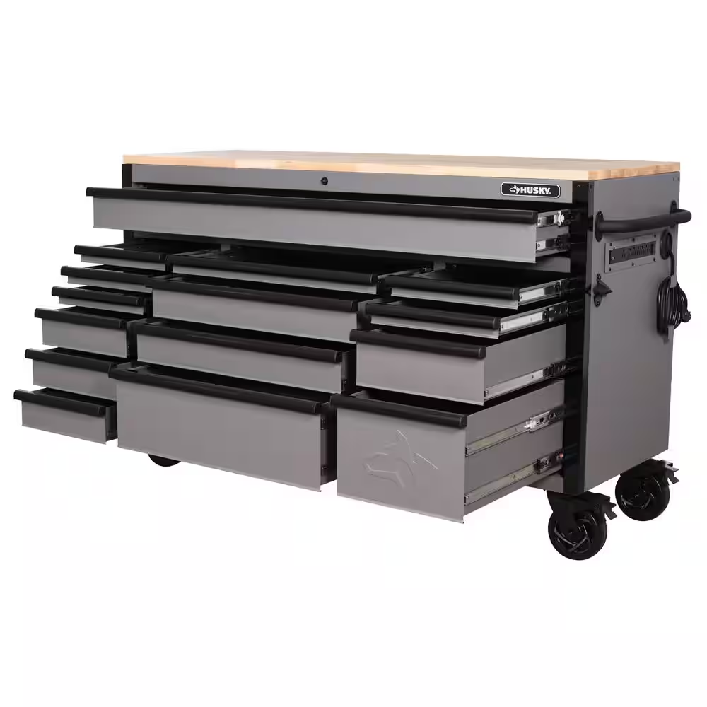 Heavy Duty 61 In. W X 23 In. D 15-Drawer Matte Gray Mobile Workbench Cabinet with Solid Wood Top - Image 7