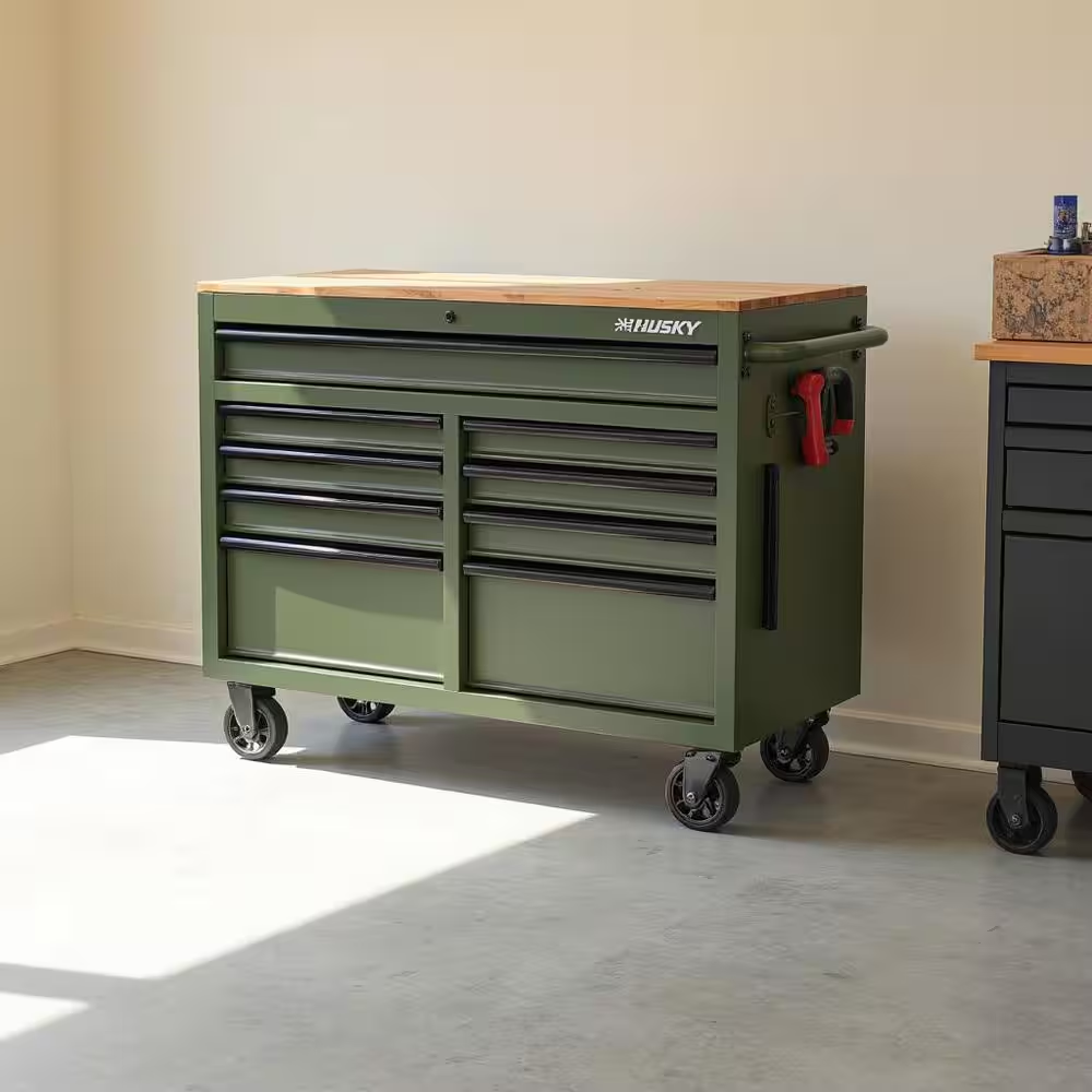 46 In. W X 18.1 In. D 9-Drawer Army Green Mobile Workbench Cabinet with Solid Wood Top - Image 2