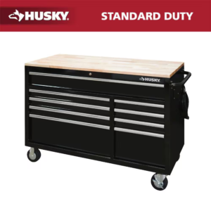52 In. W X 25 In. D Standard Duty 9-Drawer Mobile Workbench Tool Chest with Solid Wood Top in Gloss Black