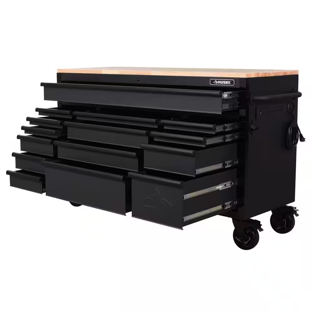 Heavy-Duty 61 In. W X 23 In. D 15-Drawer Matte Black Mobile Workbench Cabinet with Solid Wood Top - Image 7