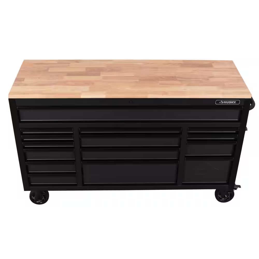 Heavy-Duty 61 In. W X 23 In. D 15-Drawer Matte Black Mobile Workbench Cabinet with Solid Wood Top - Image 4