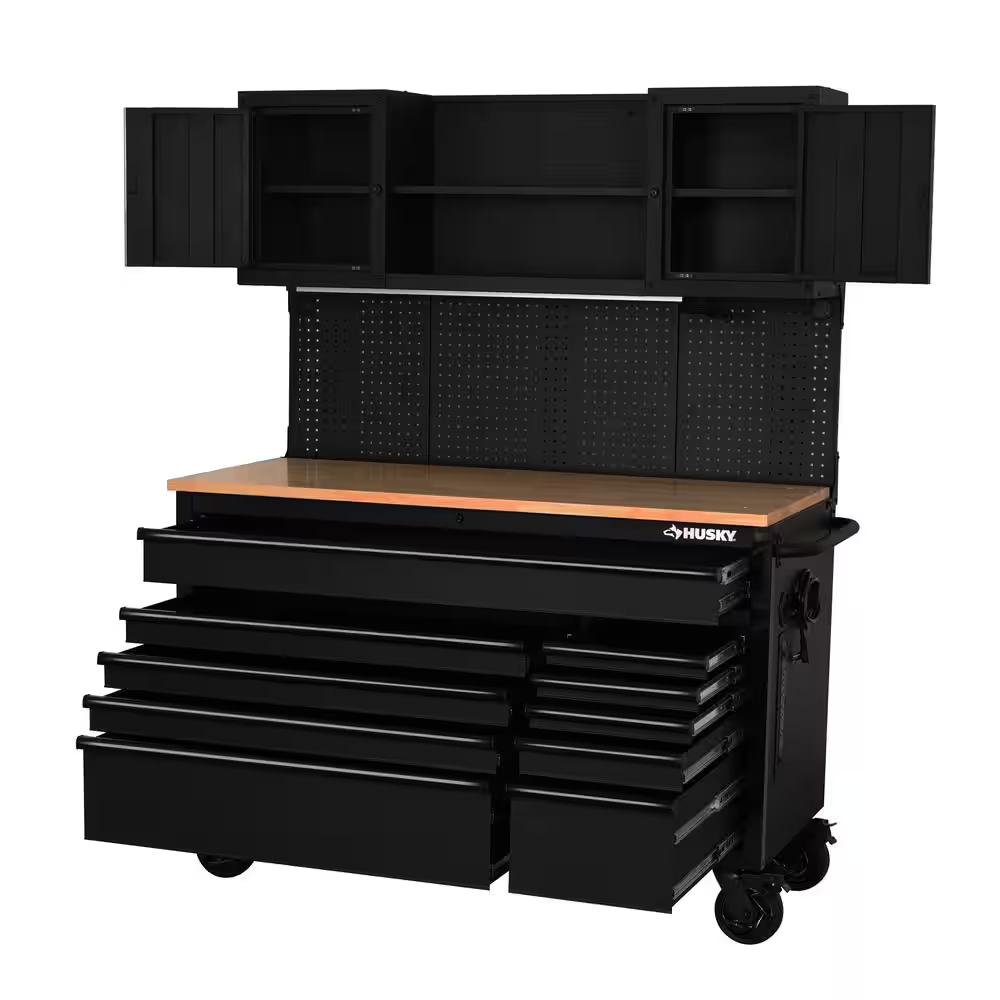 56 In. W X 27.6 In. D 10-Drawer Matte Black Heavy-Duty Mobile Workbench with Pegboard and Top Cabinets - Image 4