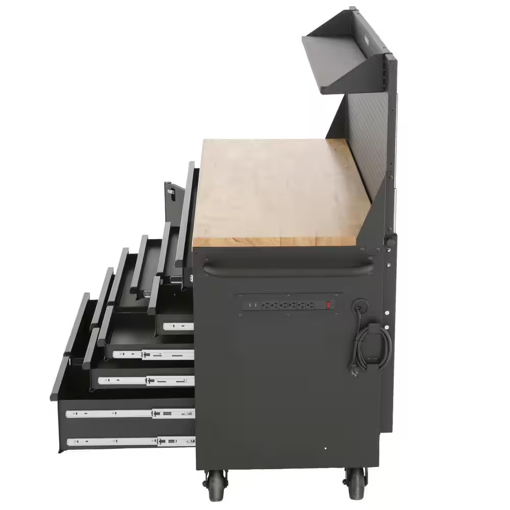 61 In. W X 26 In. D Heavy Duty 10-Drawer 1-Door Mobile Workbench with Hardwood Top, Pegboard and Shelf in Matte Black - Image 5