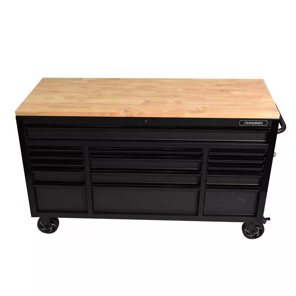 61 In. W X 23 In. D Heavy Duty 15-Drawer Mobile Workbench Tool Chest with Solid Wood Top in Matte Black - Image 14
